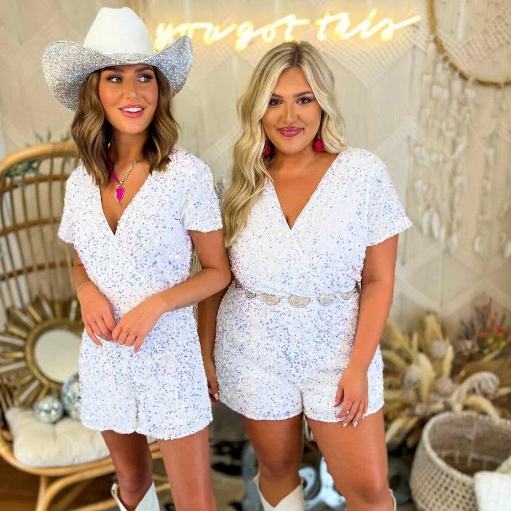 Iridescent White Sequin Short Romper